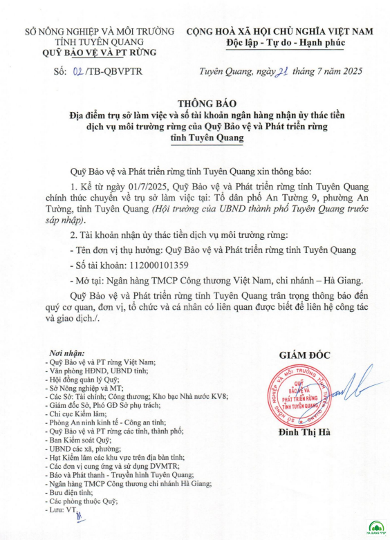 Thông báo địa điểm trụ sở làm việc và số tài khoản ngân hàng nhận ủy thác tiền dịch vụ môi trường rừng của Quỹ Bảo vệ và Phát triển rừng tỉnh Tuyên Quang